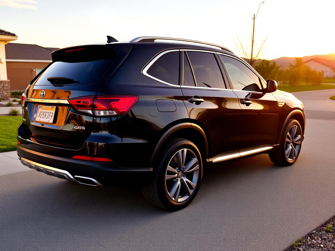 Freshly detailed black SUV gleaming in a driveway at sunset